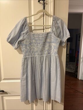 Sail to Sable Light Blue and White Striped Smocked Mini Dress